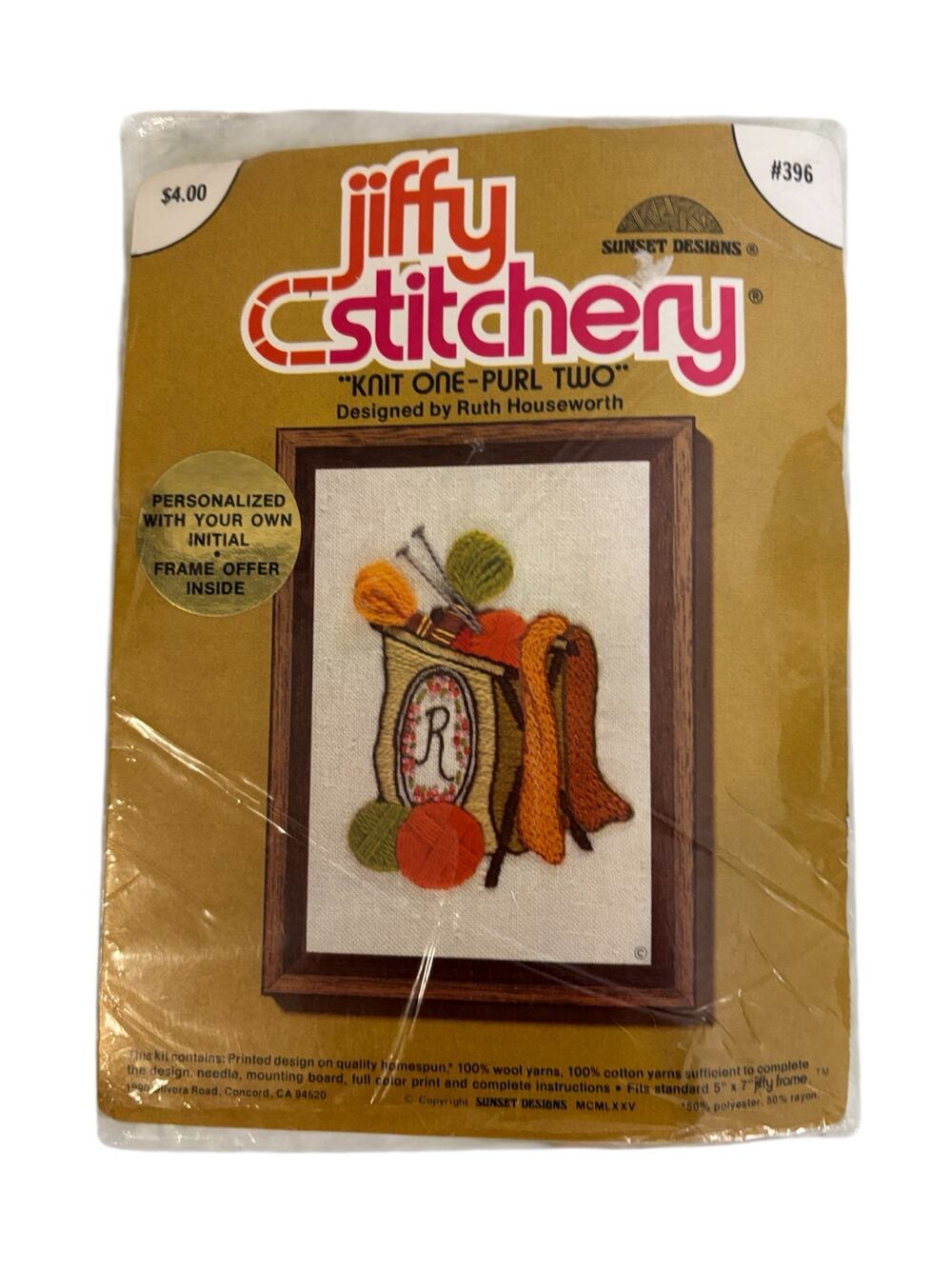 Vintage Jiffy Stitchery 396 Knit One Purl Two Kit Sunset Designs Sealed Complete
